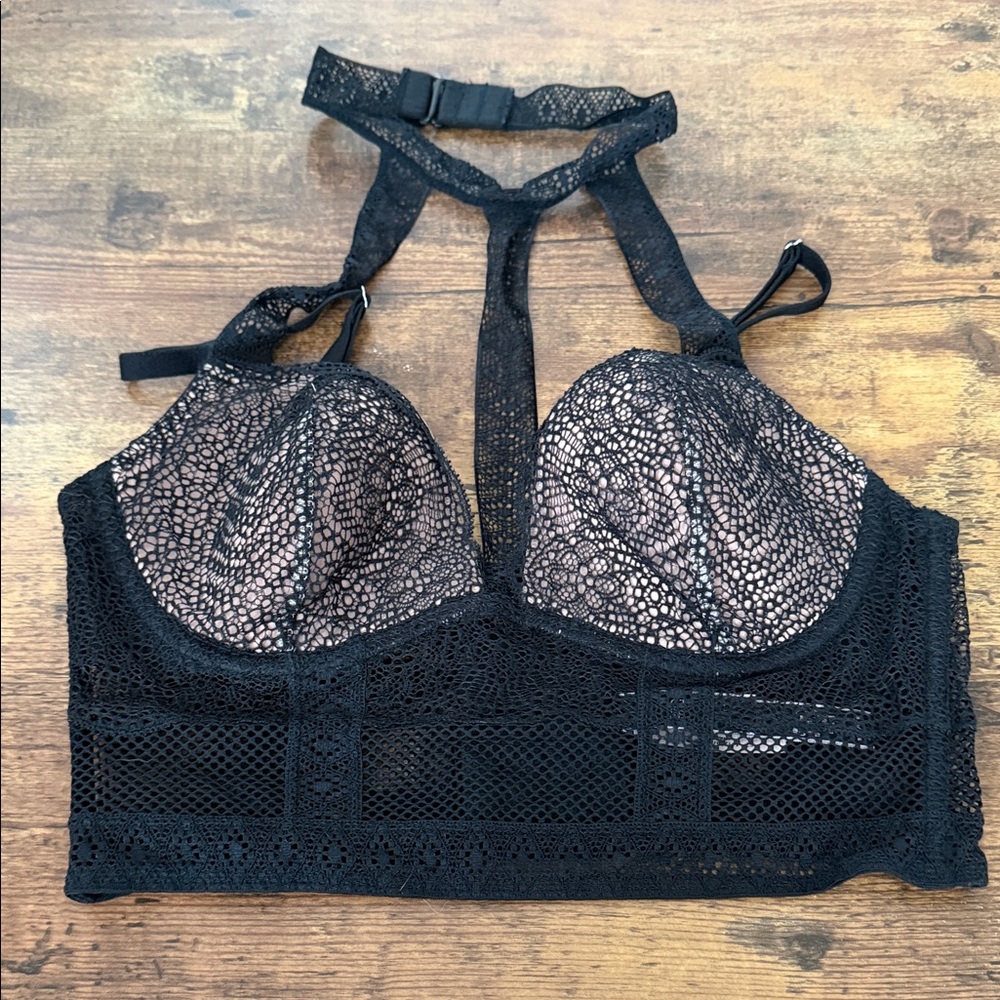 Victoria's Secret Black Lace Longline Halter Bra